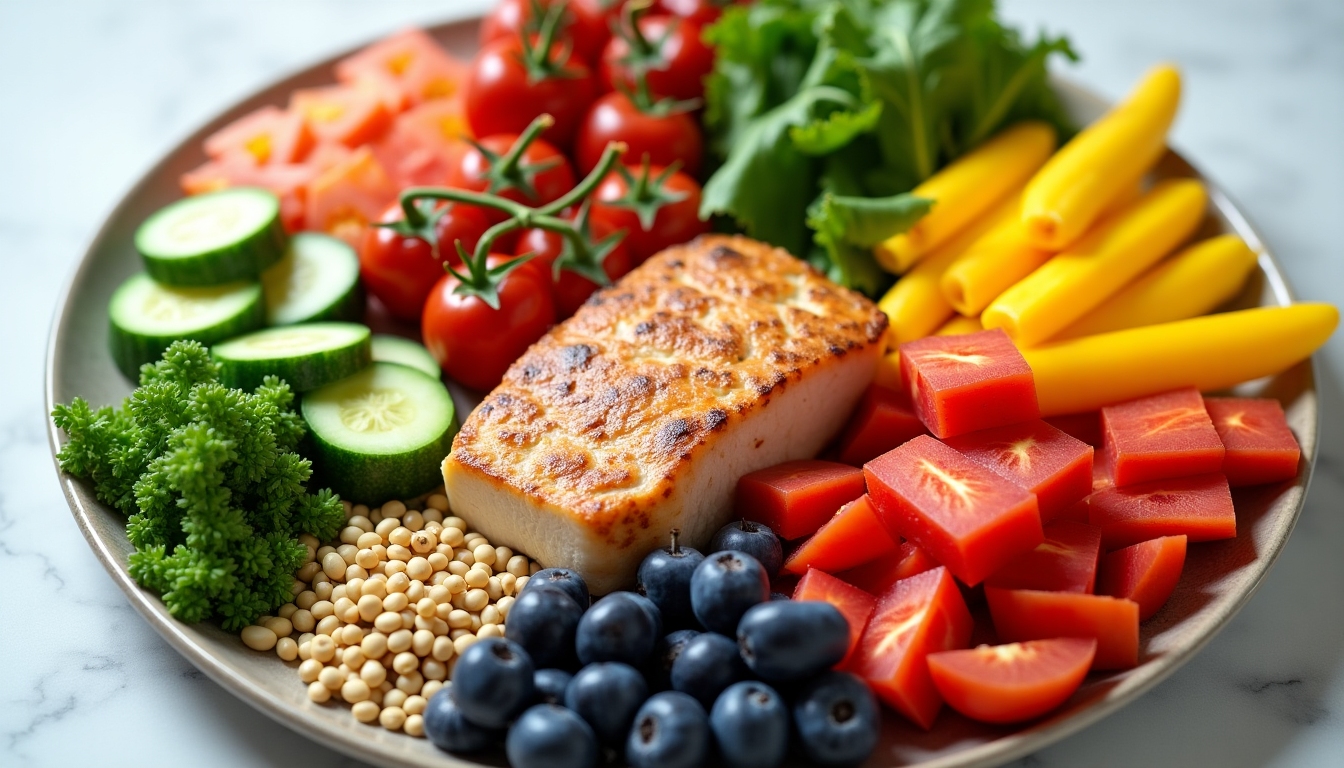 O farfurie colorată cu legume proaspete, fructe, proteine slabe și cereale integrale, reprezentând o dietă echilibrată.