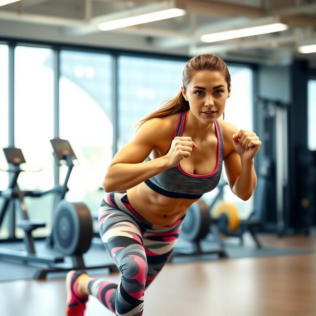 Femeie tânără care efectuează un exercițiu HIIT (burpee) într-o sală de fitness modernă, cu echipamente sportive în fundal.