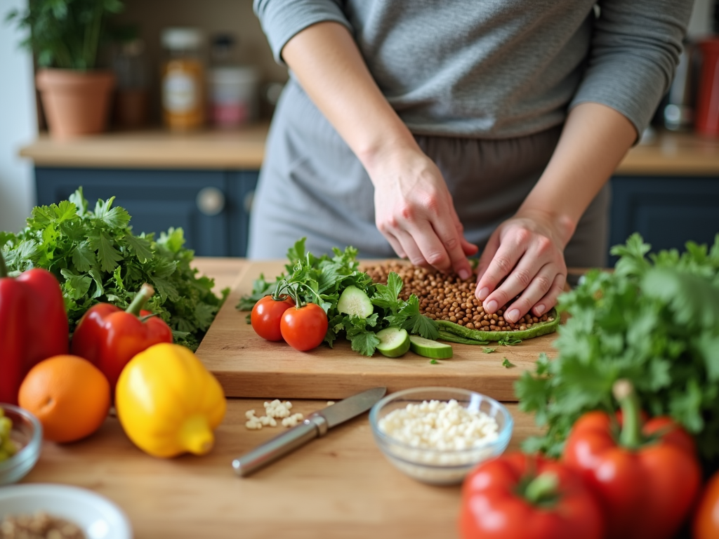 O persoană pregătind o masă sănătoasă în bucătărie, cu diverse ingrediente precum legume, fructe și cereale integrale răspândite pe blat.