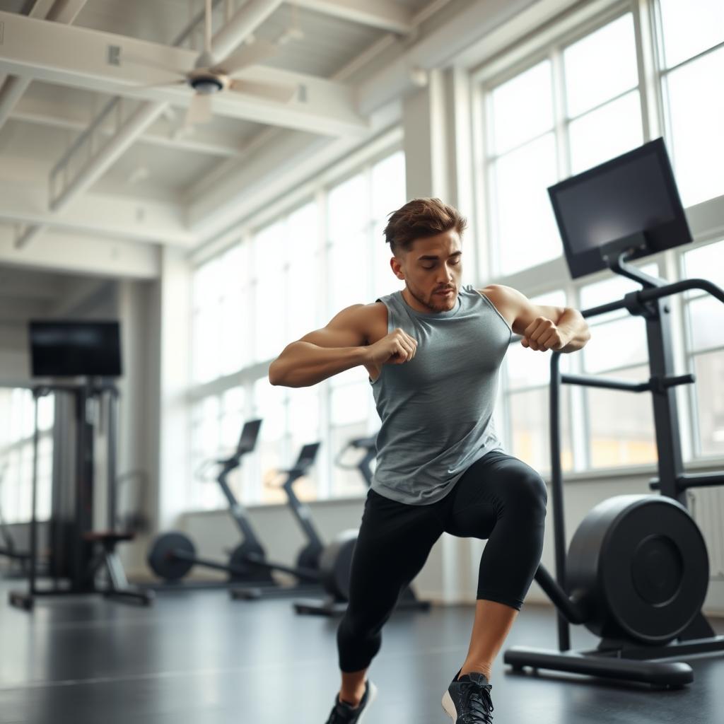 O persoană care efectuează un antrenament HIIT într-o sală de fitness luminoasă, realizând un exercițiu de tip burpee, cu o atmosferă energică.
