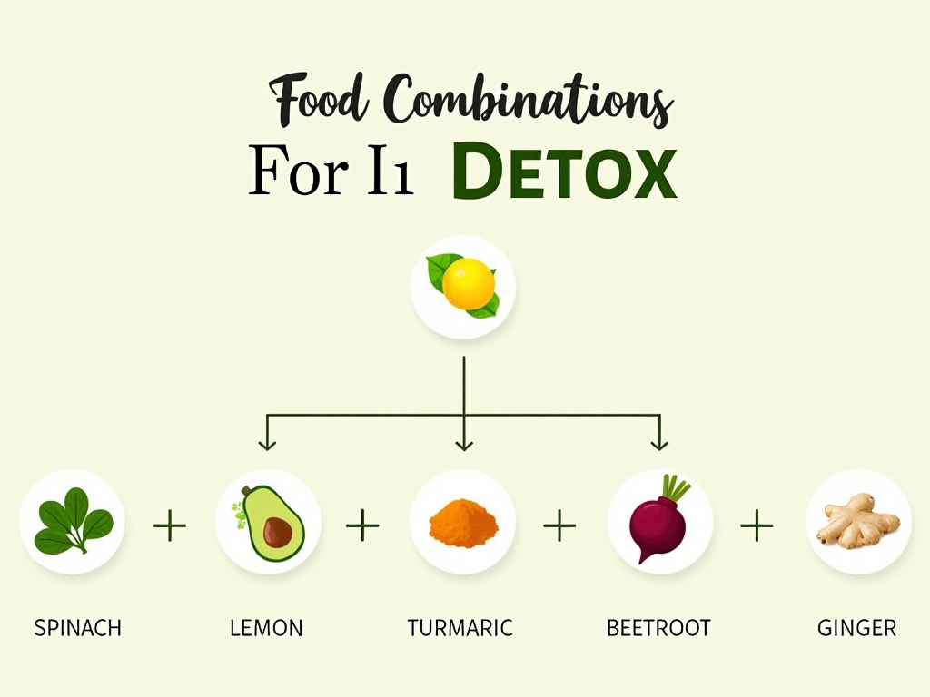 Infografic cu beneficiile combinațiilor de alimente pentru detoxifiere, cu iconițe de spanac, lămâie, avocado, turmeric, sfeclă și ghimbir.