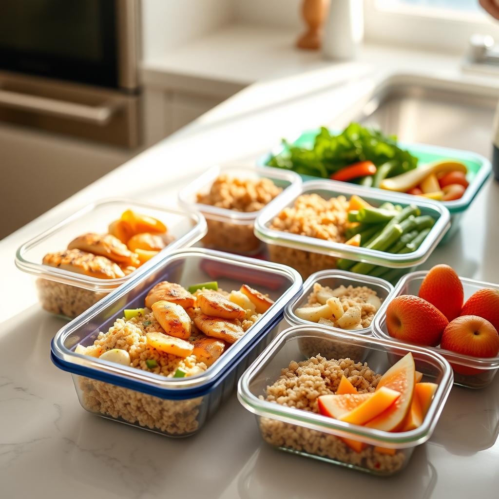 Aranjament de preparare a meselor sănătoase pe un blat de bucătărie, cu recipiente colorate pline cu pui la grătar, quinoa, legume fierte și fructe proaspete.