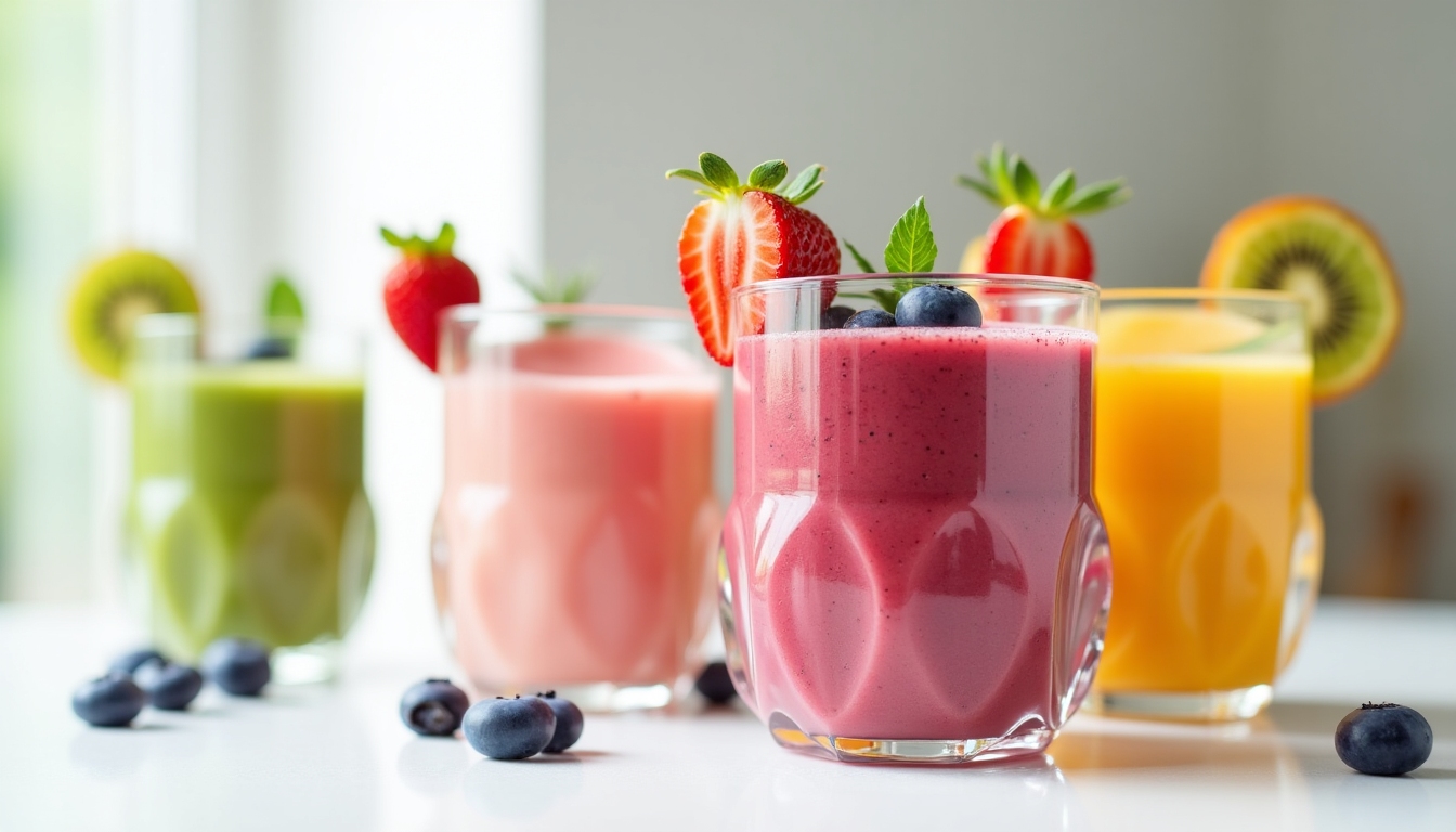 Smoothie-uri colorate în pahare transparente, așezate pe un blat alb.