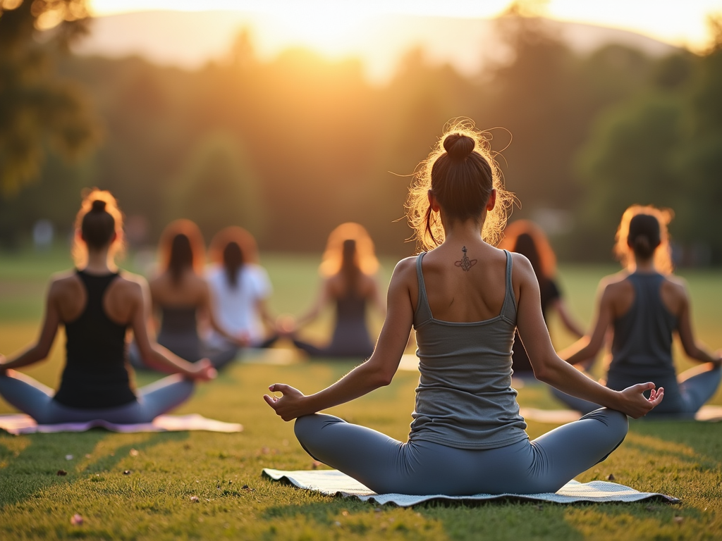 Grup de persoane practicând yoga într-un cadru natural senin.