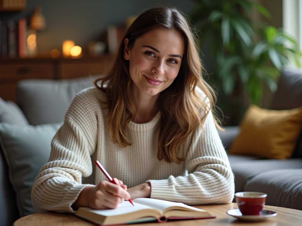 Femeie care scrie într-un jurnal, cu o ceașcă de ceai alături, într-un living confortabil