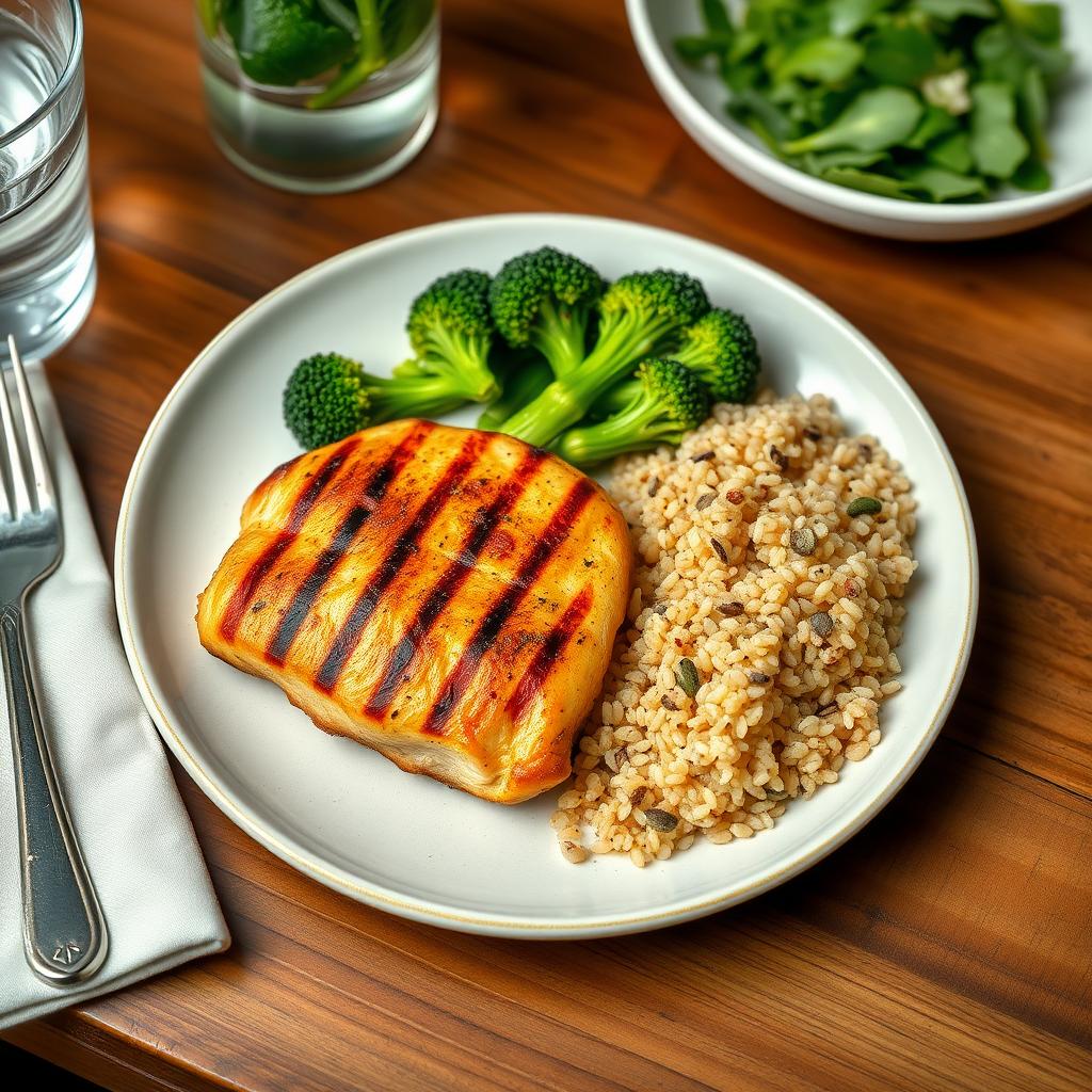 Farfurie cu mâncare sănătoasă: piept de pui la grătar, quinoa, broccoli fiert și o salată verde, pe o masă din lemn.