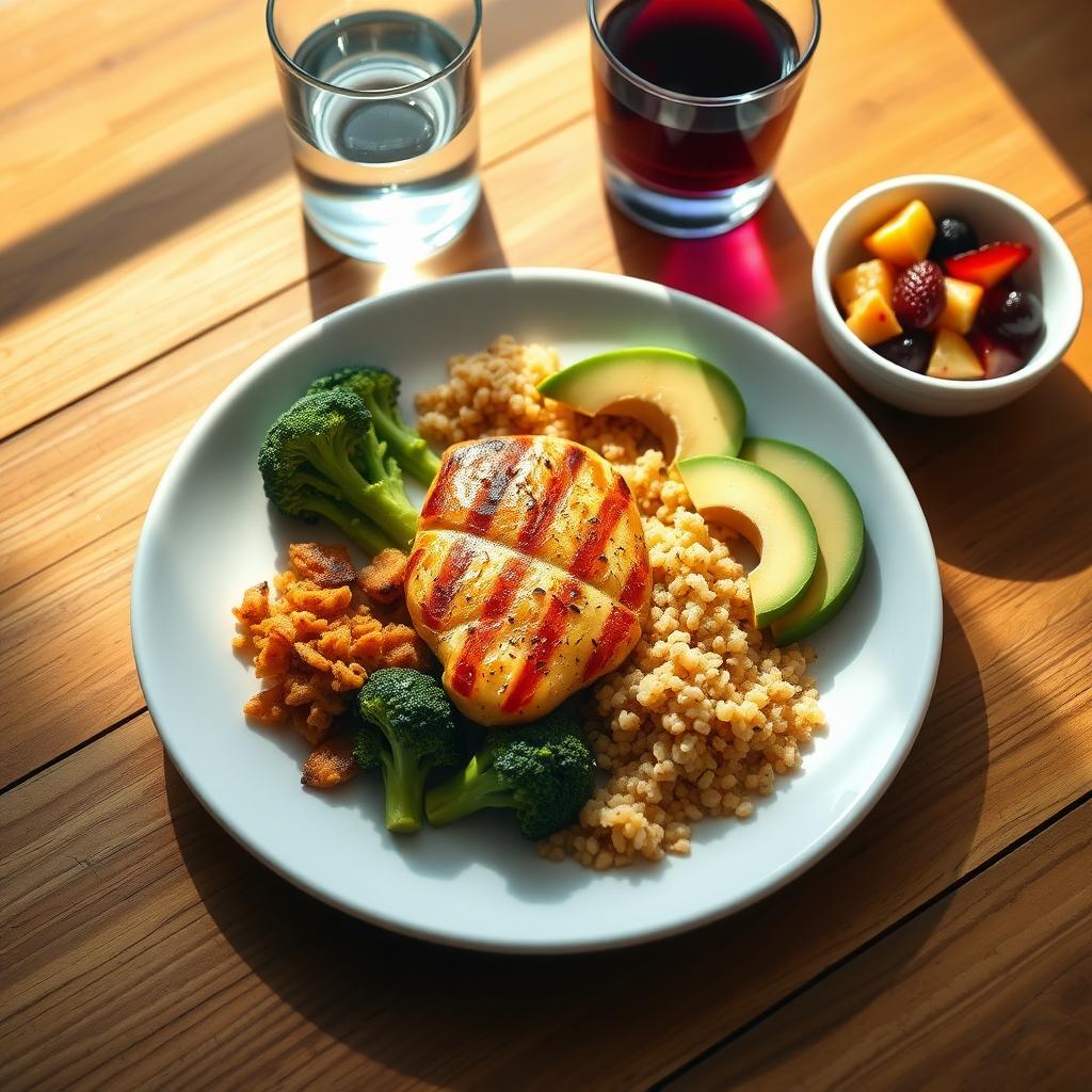 O farfurie cu o masă echilibrată, conținând piept de pui la grătar, broccoli fiert, quinoa și avocado feliat, alături de un pahar cu apă și un bol cu fructe de pădure, pe o masă din lemn.