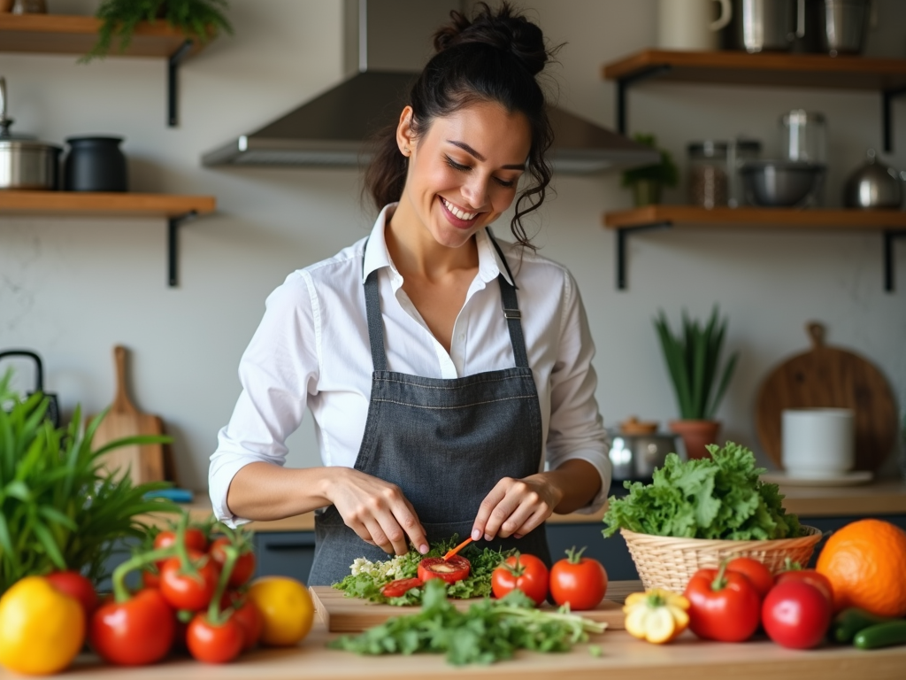 O persoană care pregătește o masă sănătoasă în bucătărie, înconjurată de legume proaspete, fructe și cereale integrale.