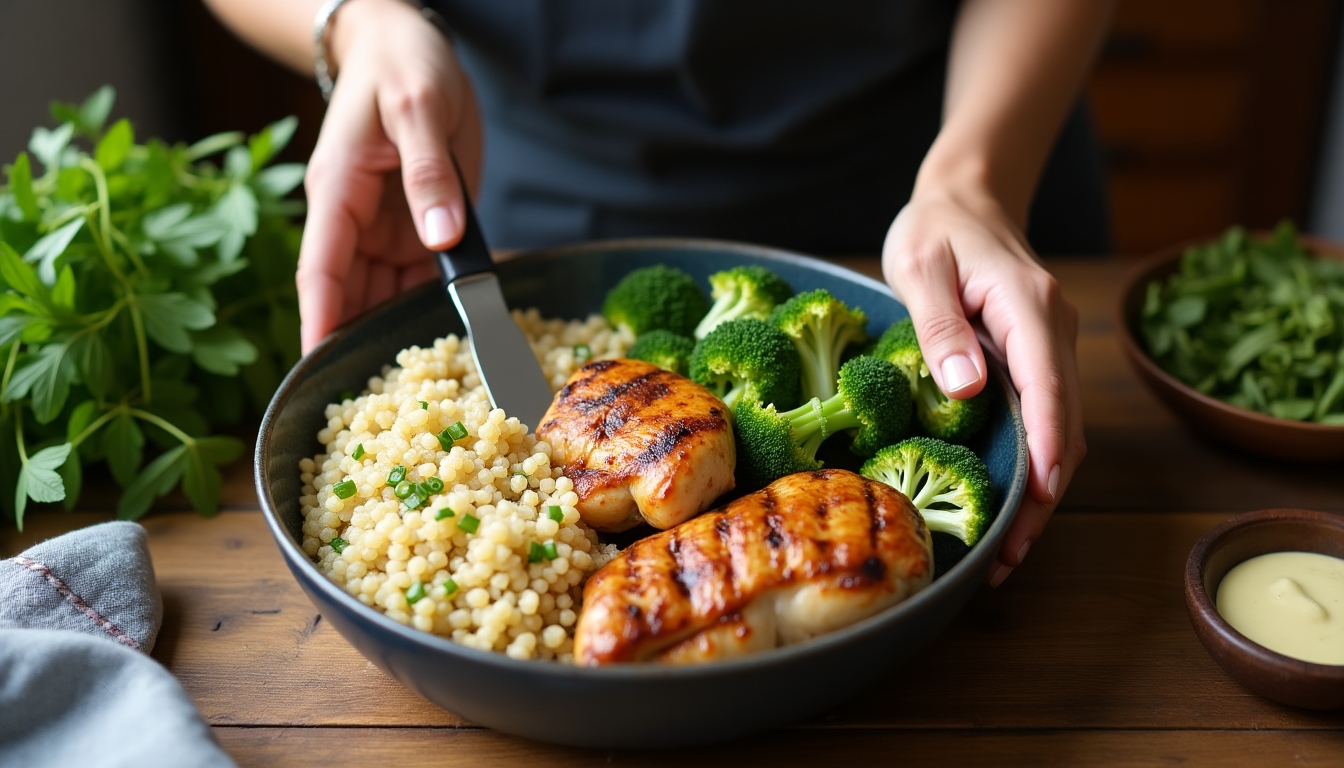 Persoană care pregătește o masă sănătoasă bogată în proteine cu pui la grătar, quinoa și broccoli fiert.