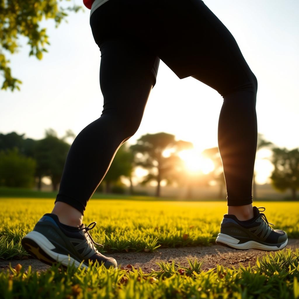 O persoană care aleargă într-un parc verde la răsărit, purtând haine sport confortabile și pantofi de alergare, cu un peisaj liniștit cu copaci și cer senin pe fundal.