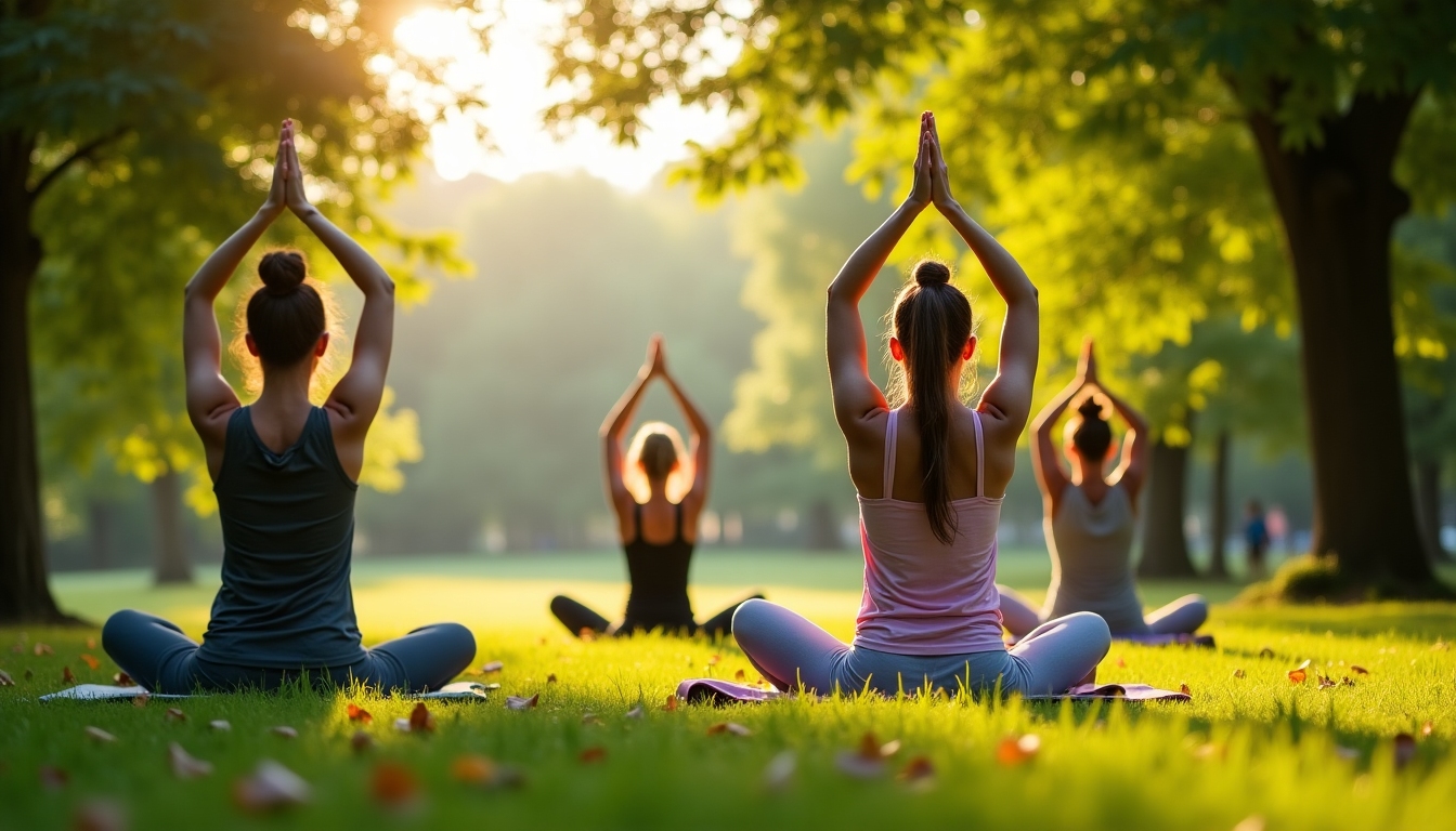 O persoană făcând exerciții de yoga dimineața într-un parc pentru a simboliza începutul unui regim de slăbit.