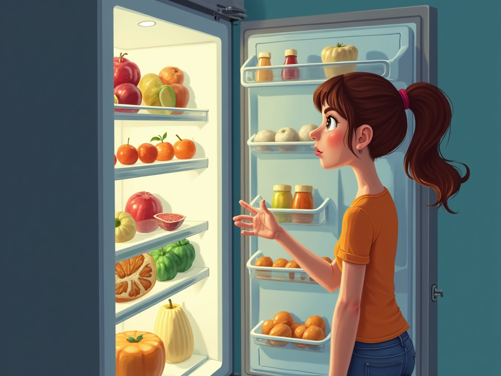 O persoană stă în fața frigiderului, uitându-se la opțiuni alimentare sănătoase cu o expresie determinată.