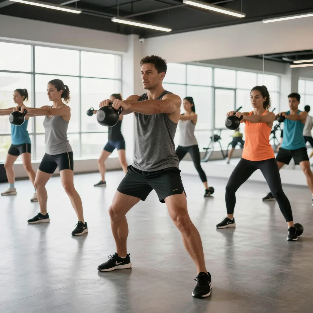 Grup de persoane executând swing-uri cu kettlebell într-o sală modernă, exercițiu puternic de ardere a grăsimilor