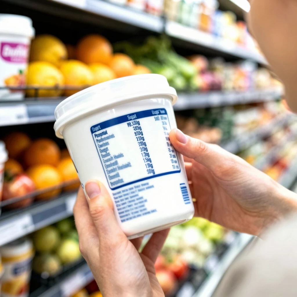 Persoană citind eticheta unui produs alimentar în supermarket, atenție la conținutul de zahăr