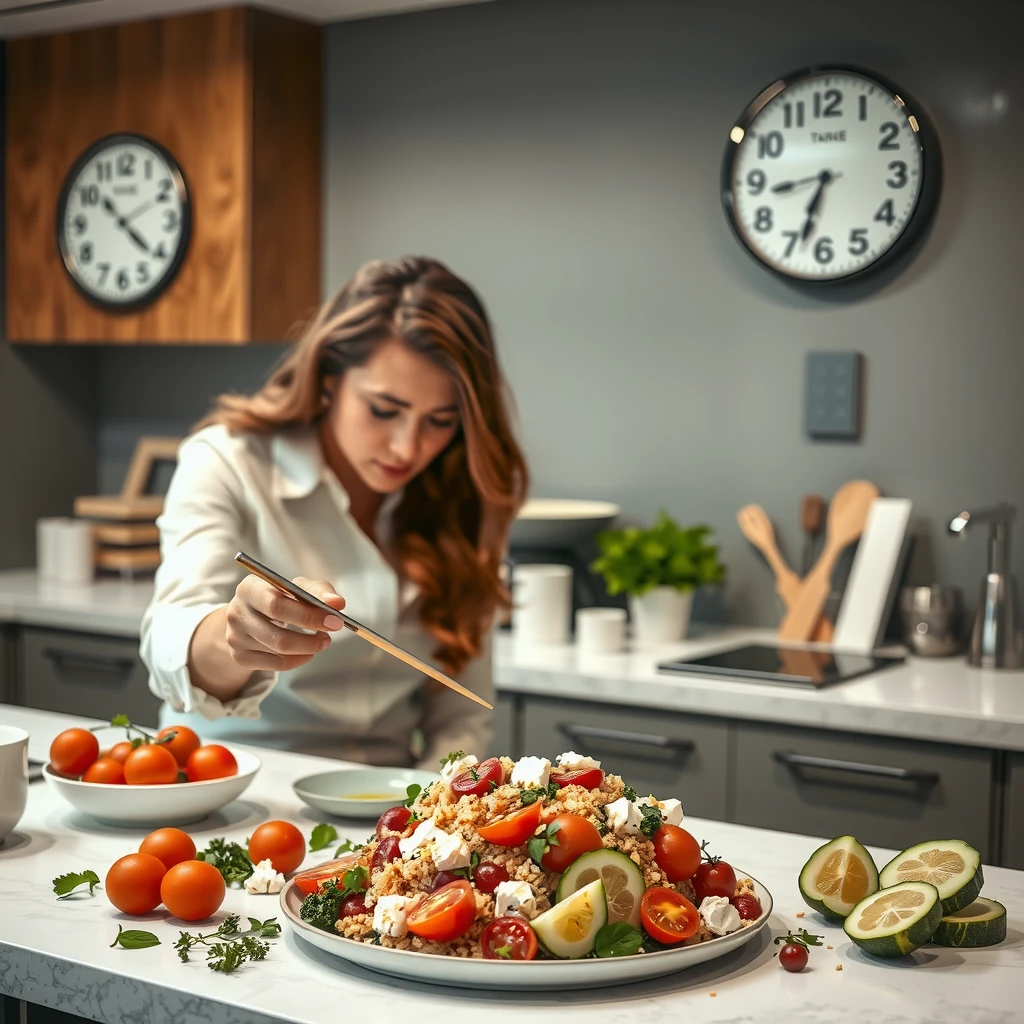 Profesionist pregătind o salată de quinoa în bucătăria de birou