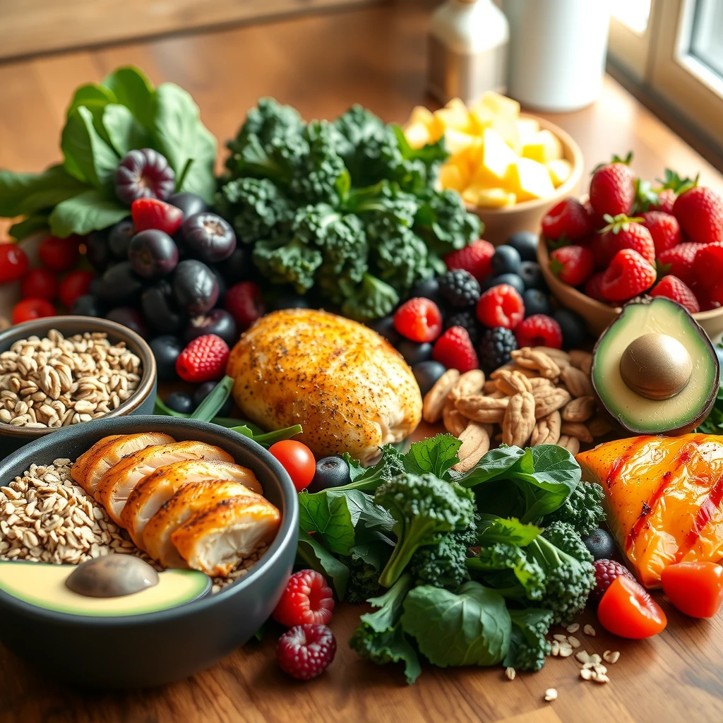 Varietate colorată de ingrediente sănătoase pentru slăbit: verdețuri, fructe de pădure, proteine slabe, nuci și cereale integrale