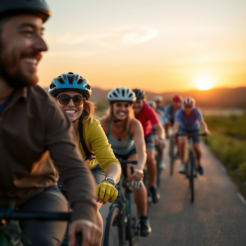 Grup de oameni pedalând pe biciclete în aer liber la apus