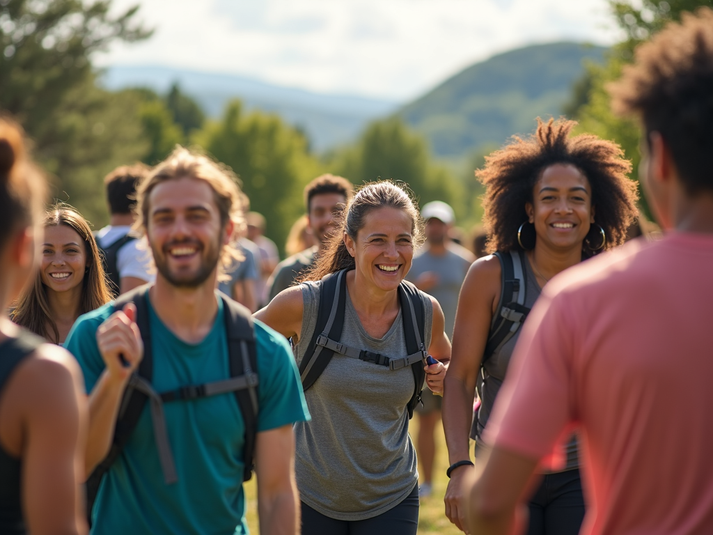 Grup divers de persoane implicându-se într-o activitate distractivă în aer liber, cum ar fi o drumeție de grup sau o clasă de fitness în parc, zâmbind și susținându-se reciproc, cu un fundal pitoresc.