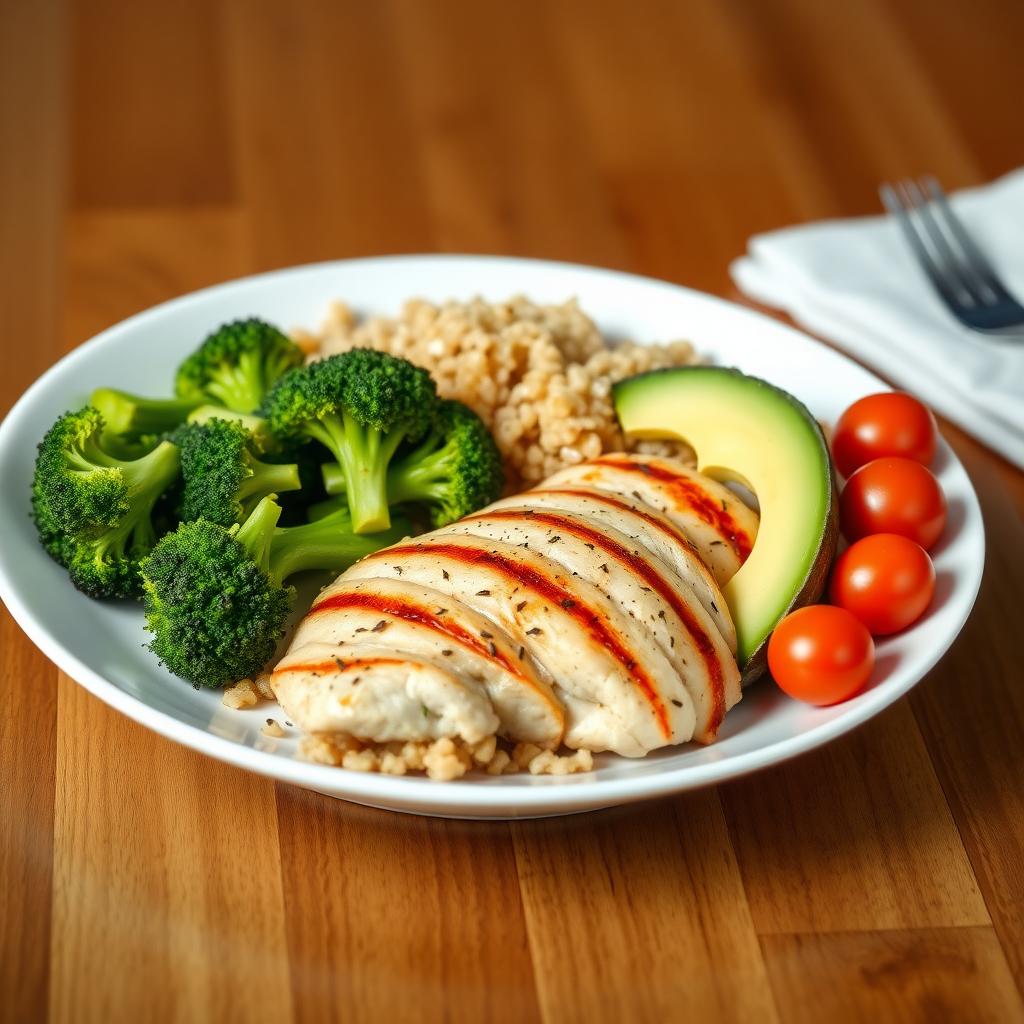 Farfurie cu o masă echilibrată, conținând piept de pui la grătar, broccoli fiert, quinoa, avocado feliat și roșii cherry, așezate pe o masă din lemn.