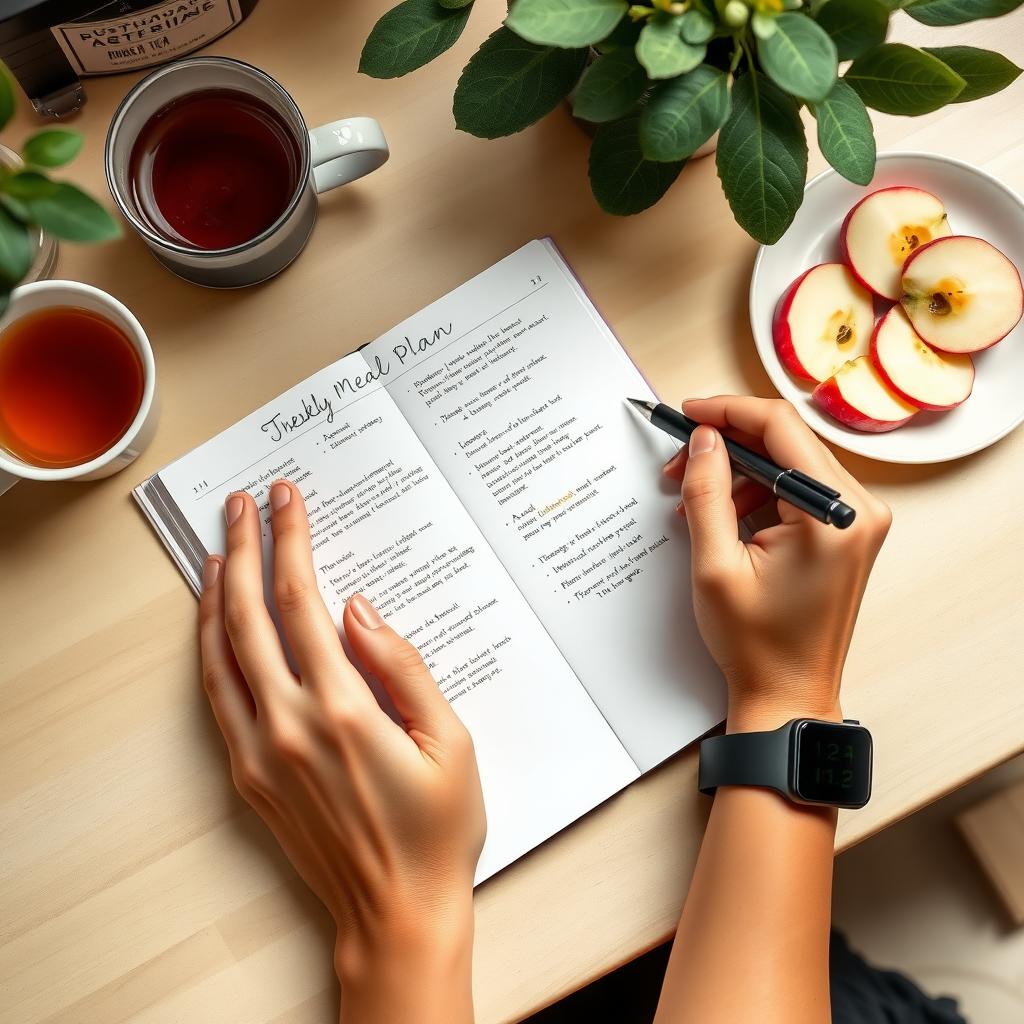 Persoană care scrie într-un jurnal la un birou confortabil, cu o ceașcă de ceai de plante, o farfurie cu felii de măr și un tracker de fitness pe încheietură.