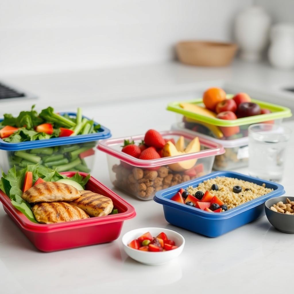 O masă sănătoasă pregătită pe un blat de bucătărie, cu recipiente pline de pui la grătar, legume fierte, quinoa și fructe proaspete, alături de un pahar cu apă și un bol cu nuci.
