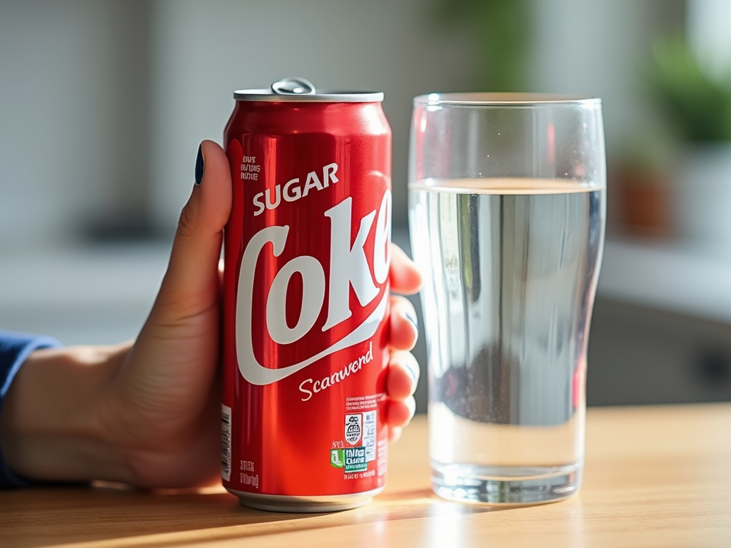 Mână care ține o doză de suc lângă un pahar cu apă și o etichetă nutrițională