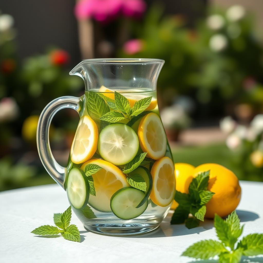 Un ulcior de sticlă cu apă infuzată cu felii de castravete, lămâie și frunze de mentă, așezat pe o masă în aer liber, cu un fundal de grădină estompat.