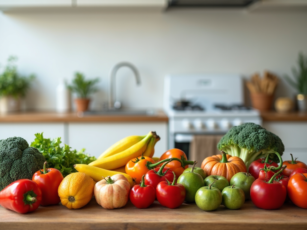 Fructe și legume colorate pe o masă din lemn, reprezentând o alimentație sănătoasă pentru slăbit.