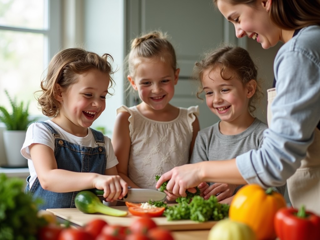 Copii bucuroși ajutând la pregătirea mesei, tăind legume sub îndrumarea unui adult.
