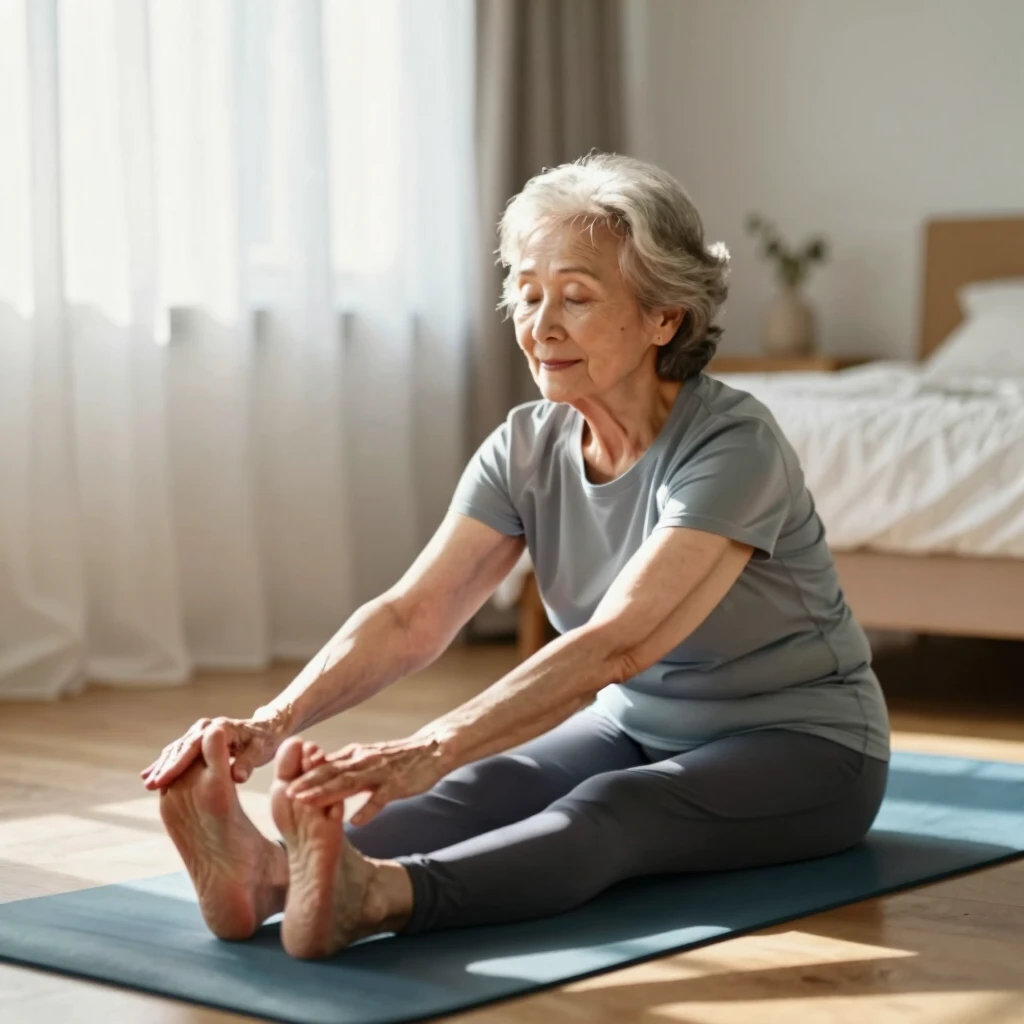 Femeie în vârstă făcând stretching aplecat înainte pe saltea