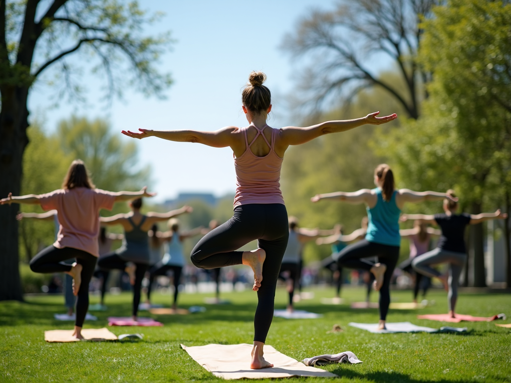 Grup de persoane practicând yoga într-un parc pașnic