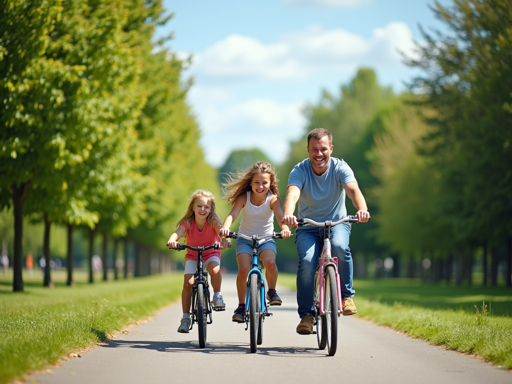 Familie mergând cu bicicleta în parc