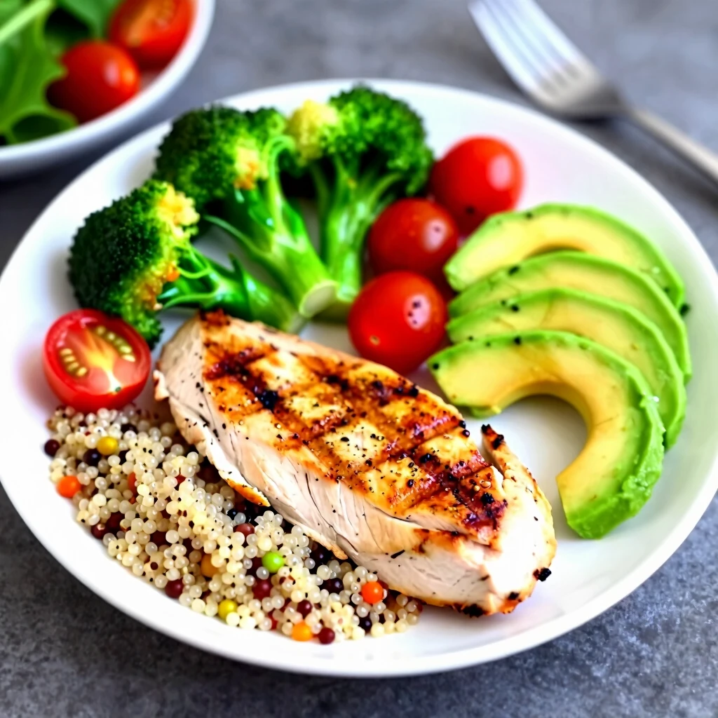 Farfurie colorată cu piept de pui la grătar, quinoa, broccoli aburit, roșii cherry, felii de avocado și salată verde proaspătă