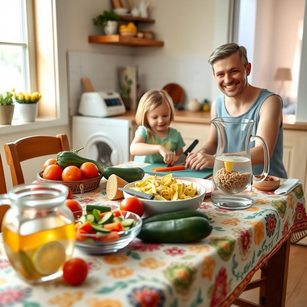 Bucătărie de familie confortabilă cu o masă plină de legume proaspete, paste integrale și o carafă cu apă și lămâie, luminată natural.