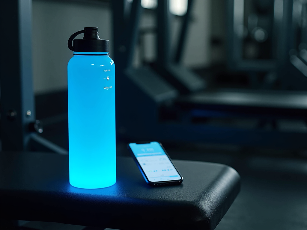 O sticlă de apă inteligentă pe o bancă din sală, strălucind albastru pentru a indica urmărirea hidratării, cu un smartphone care arată o aplicație de fitness alături.