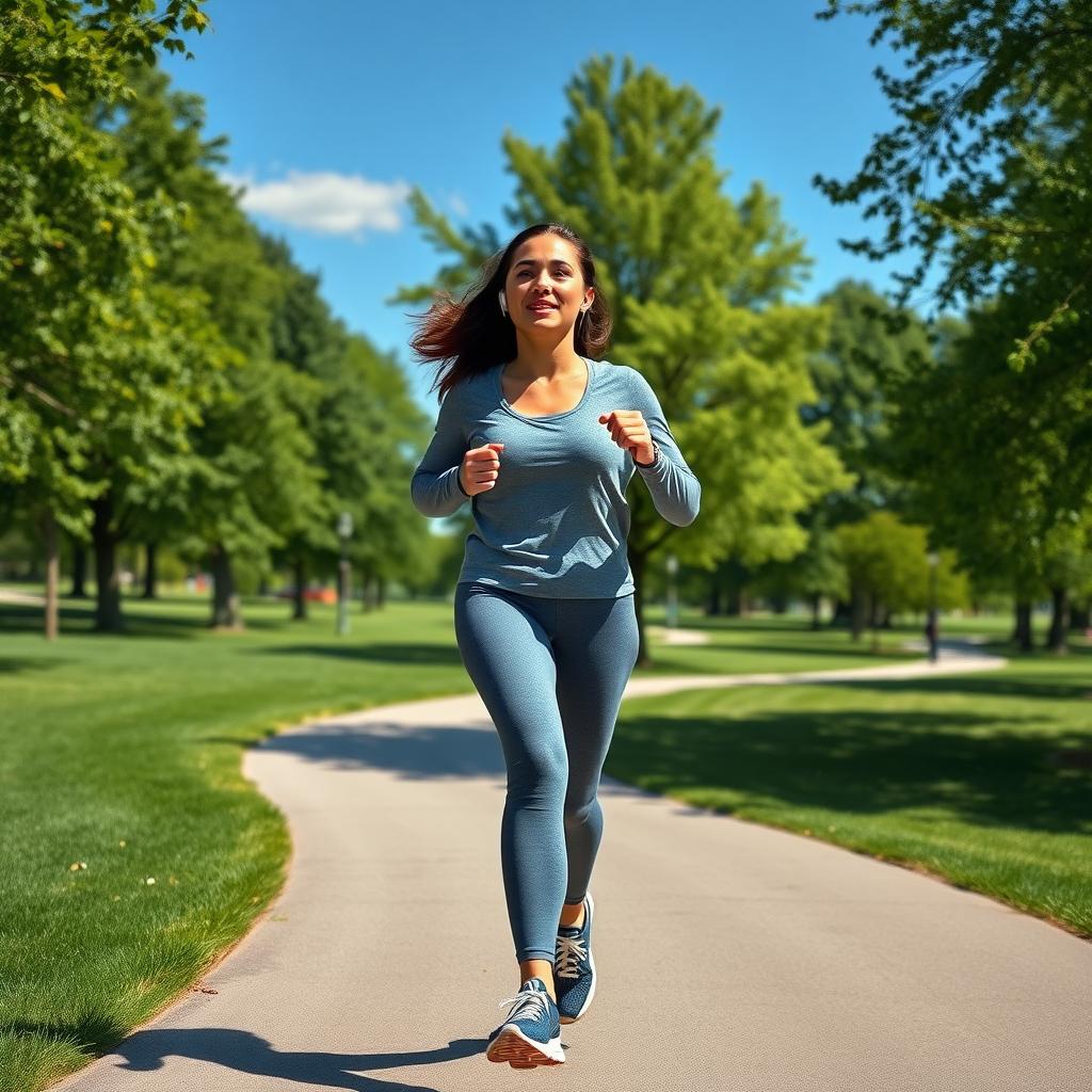 O persoană care aleargă într-un parc într-o zi însorită, purtând haine sport confortabile și căști.