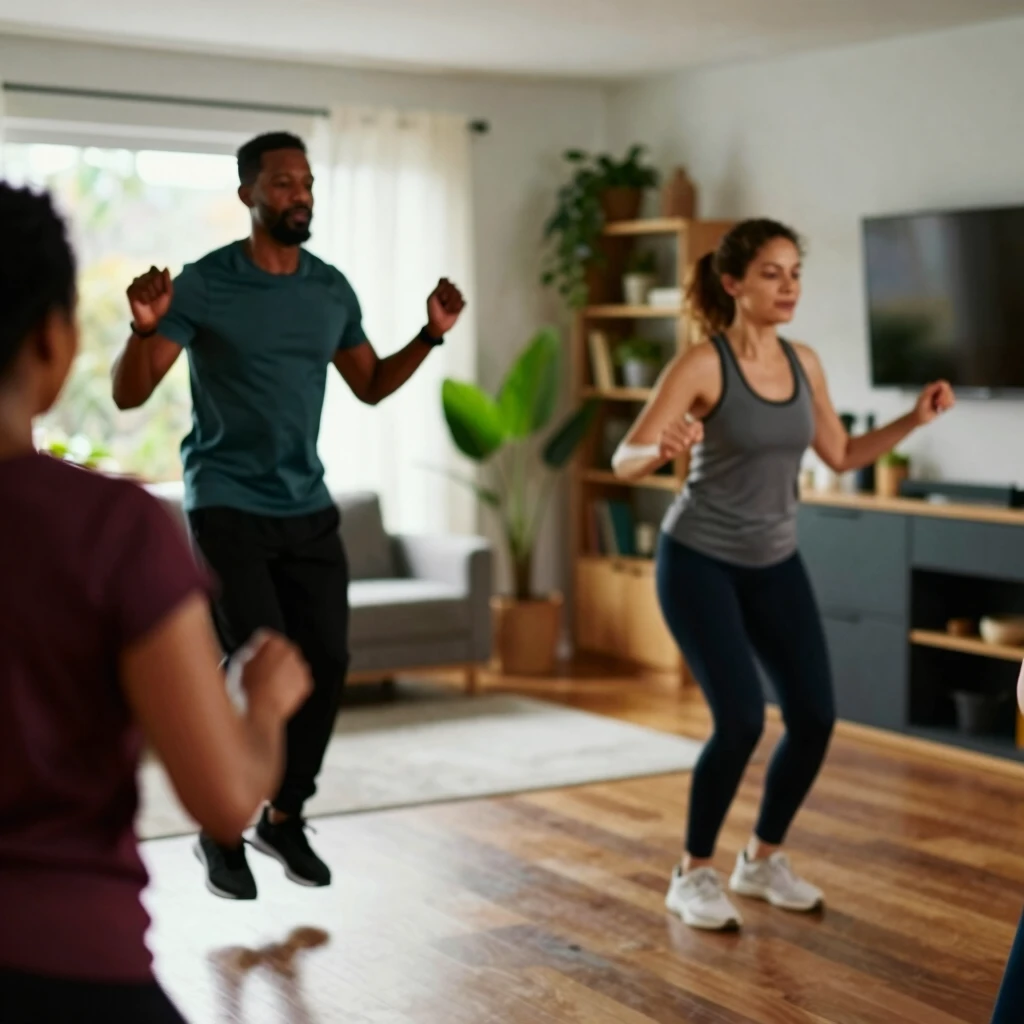 Oameni de diverse vârste făcând exerciții cardio simple acasă, în bucătărie și living