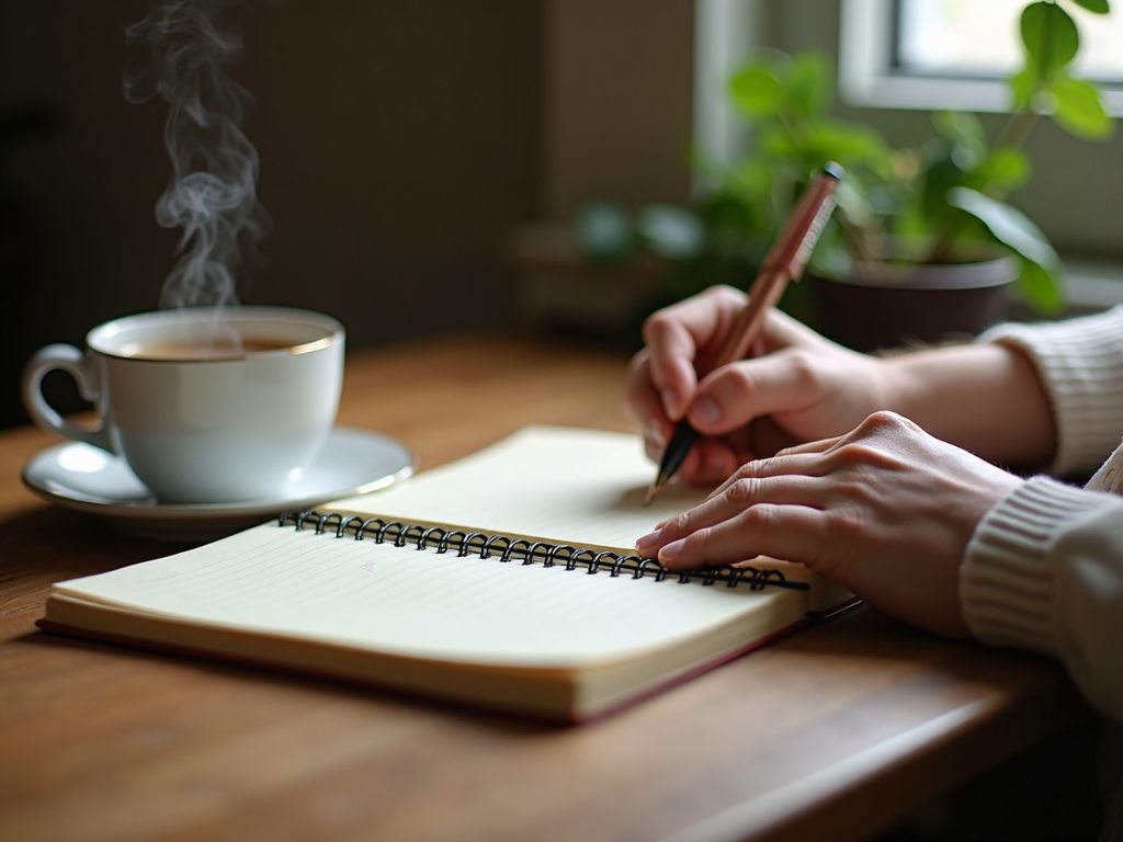 Persoană care ține un jurnal de slăbit lângă o ceașcă de ceai