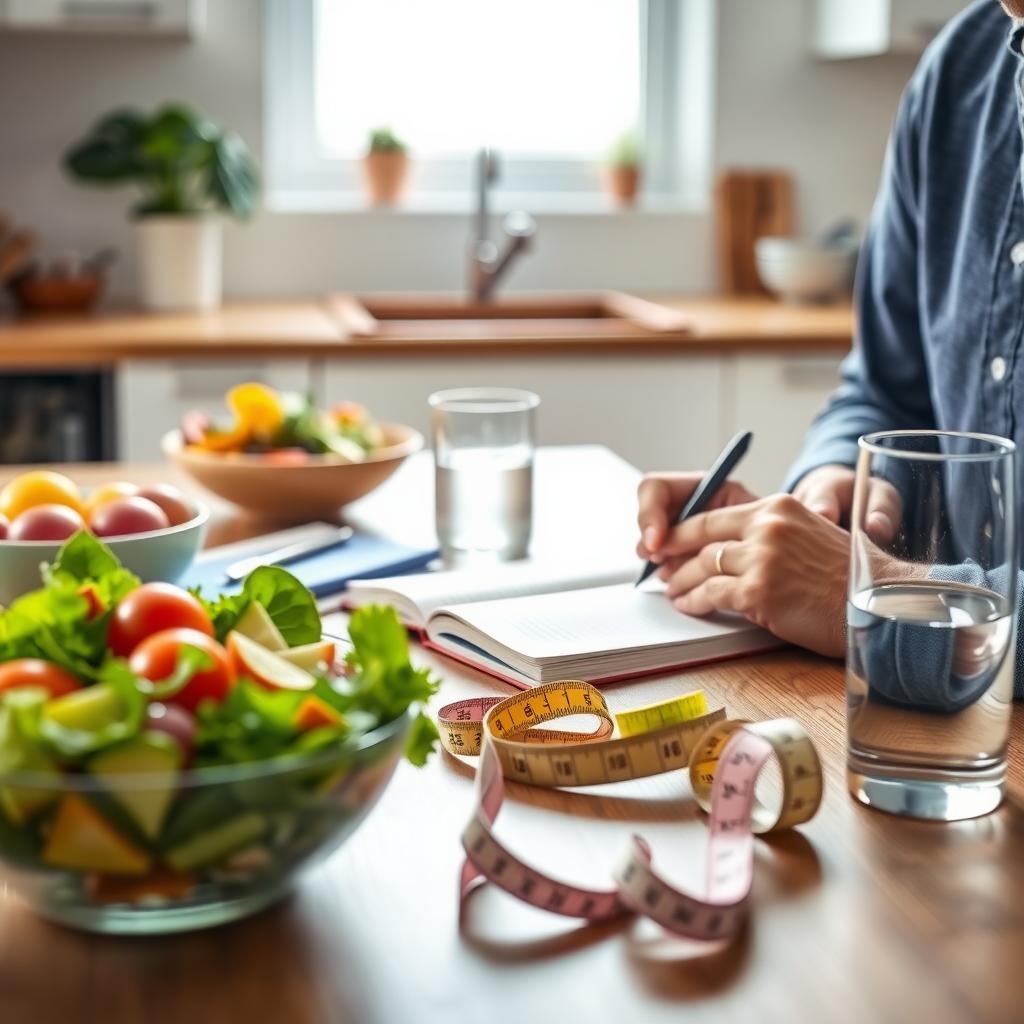 Persoană care notează într-un jurnal, înconjurată de alimente sănătoase, cum ar fi o salată colorată și un pahar cu apă, pe o masă din lemn.