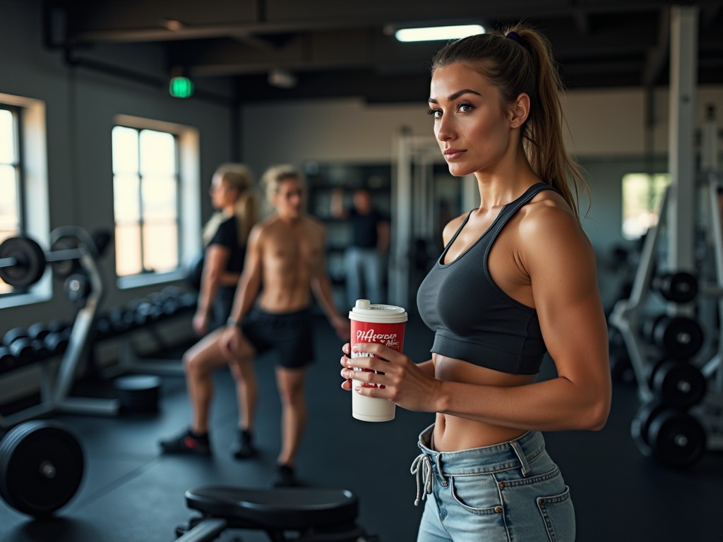 Imagine motivantă cu o persoană într-o sală de sport, ținând un shake proteic.