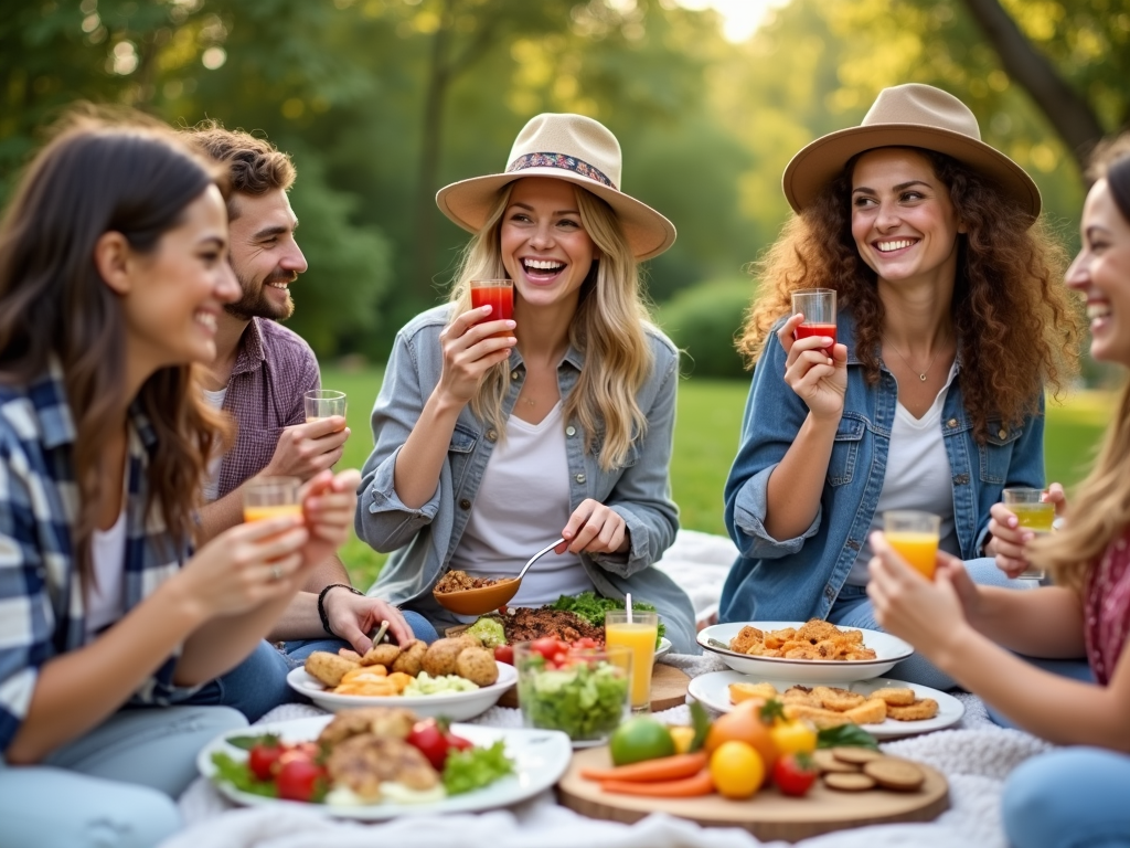 Prietenii care mănâncă sănătos la un picnic în aer liber, arătând sprijinul social
