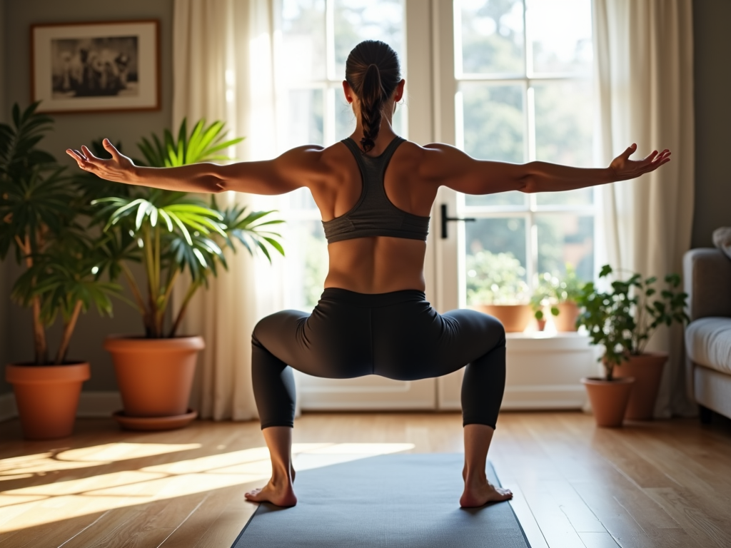 Persoană făcând genuflexiuni în sufragerie pe o saltea de yoga