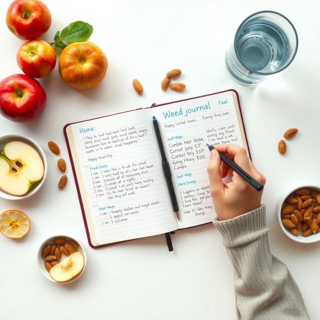 Persoană care notează într-un jurnal alimentar, înconjurat de gustări sănătoase precum felii de măr și migdale.