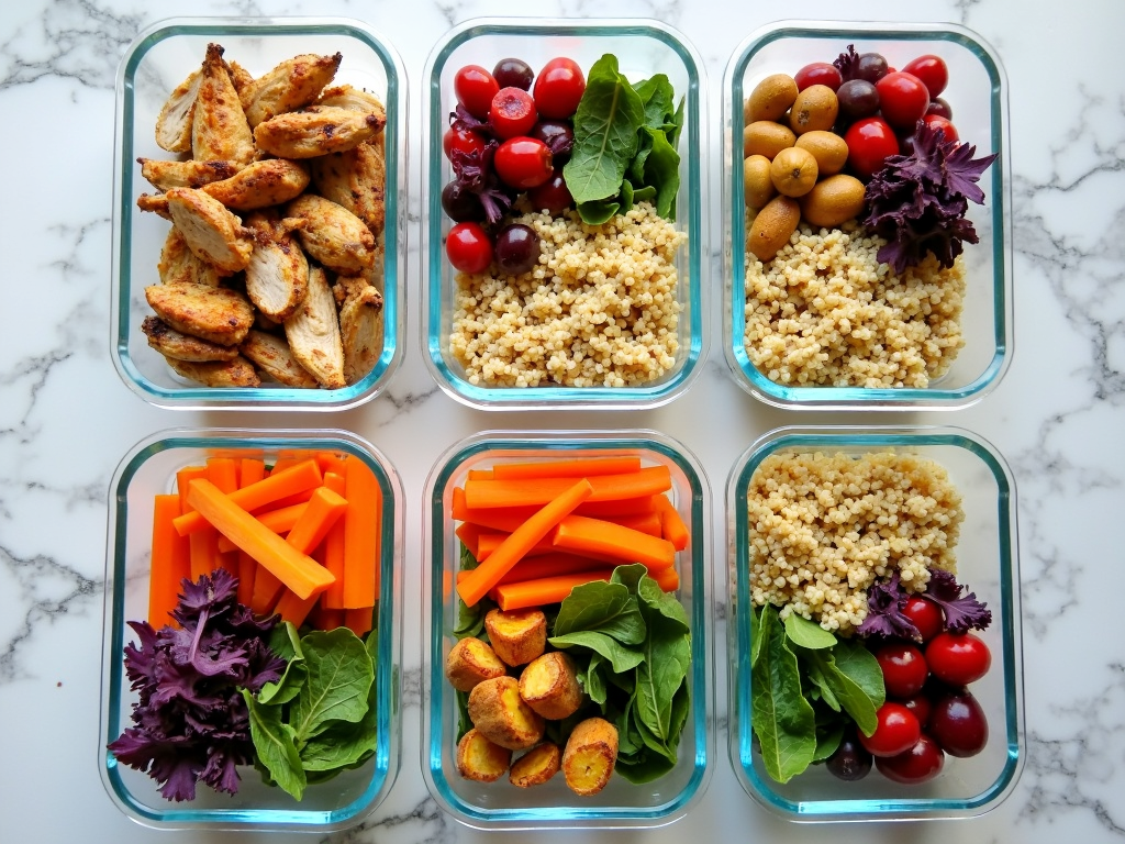Containere de meal prep cu alimente colorate și sănătoase