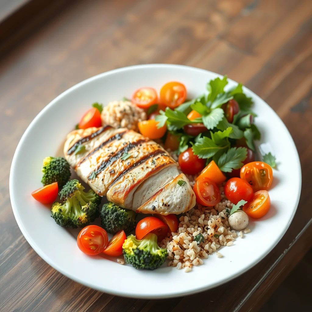 Farfurie echilibrată cu pui la grătar, legume proaspete, quinoa și salată verde