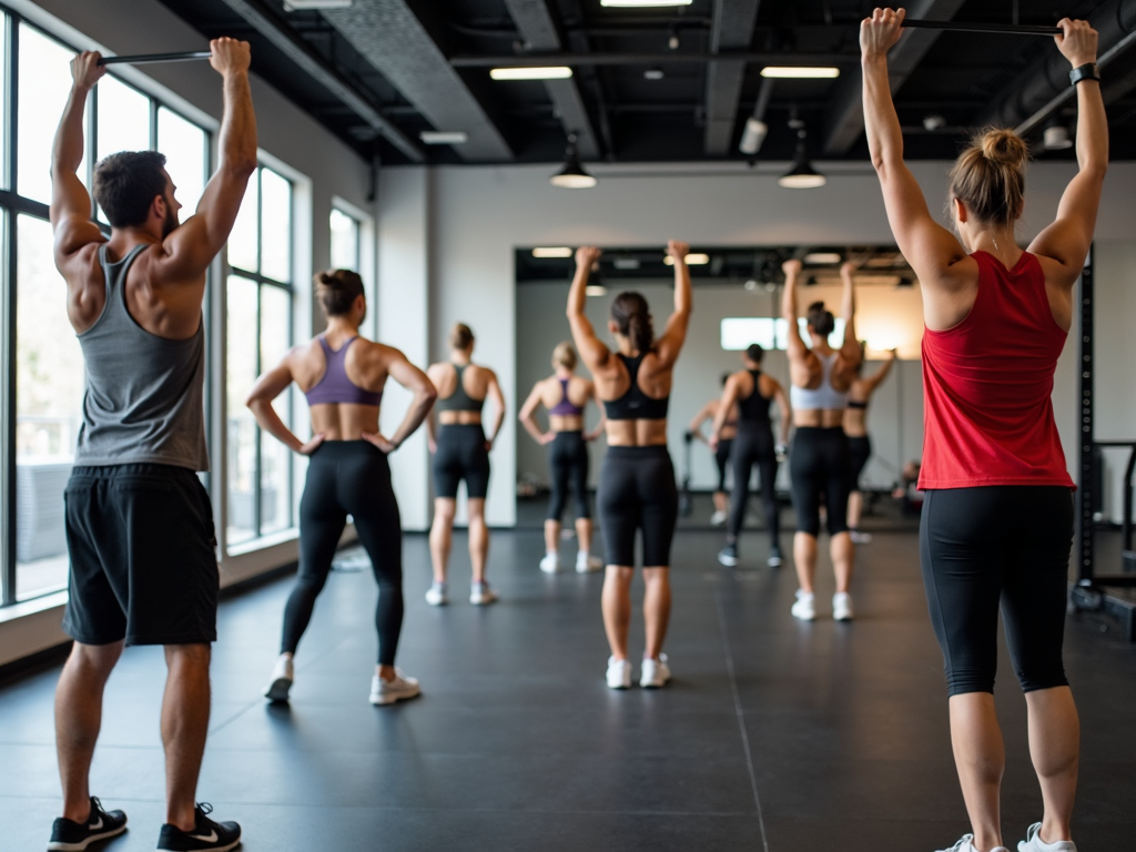 Grup de persoane care fac un antrenament HIIT într-o sală de sport, cu un antrenor care conduce sesiunea, arătând diverse exerciții precum burpees și jumping jacks.