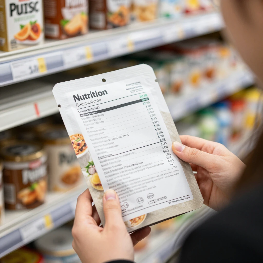 Persoană citind atent eticheta nutrițională a unui produs ambalat într-un supermarket