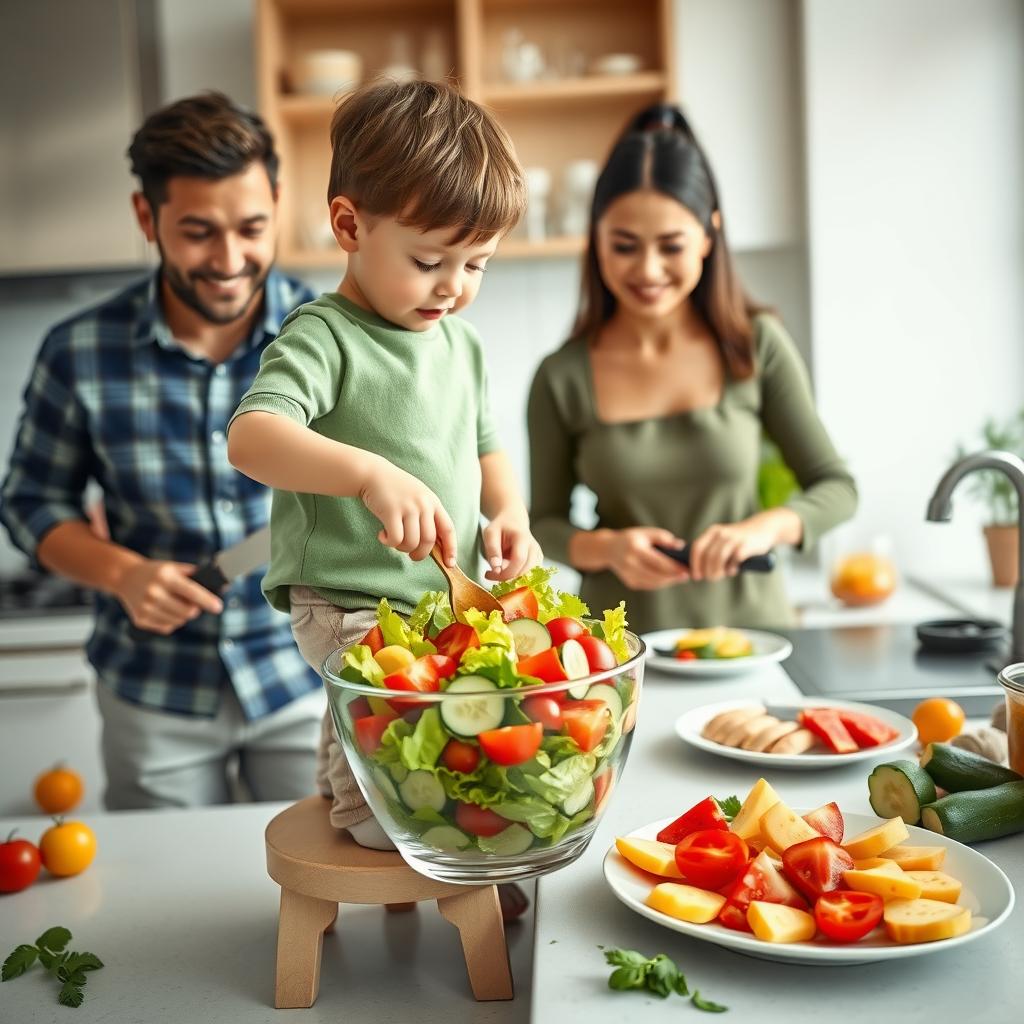 Familie gătind împreună într-o bucătărie modernă, cu un copil amestecând o salată colorată și părinții pregătind legume și fructe proaspete.