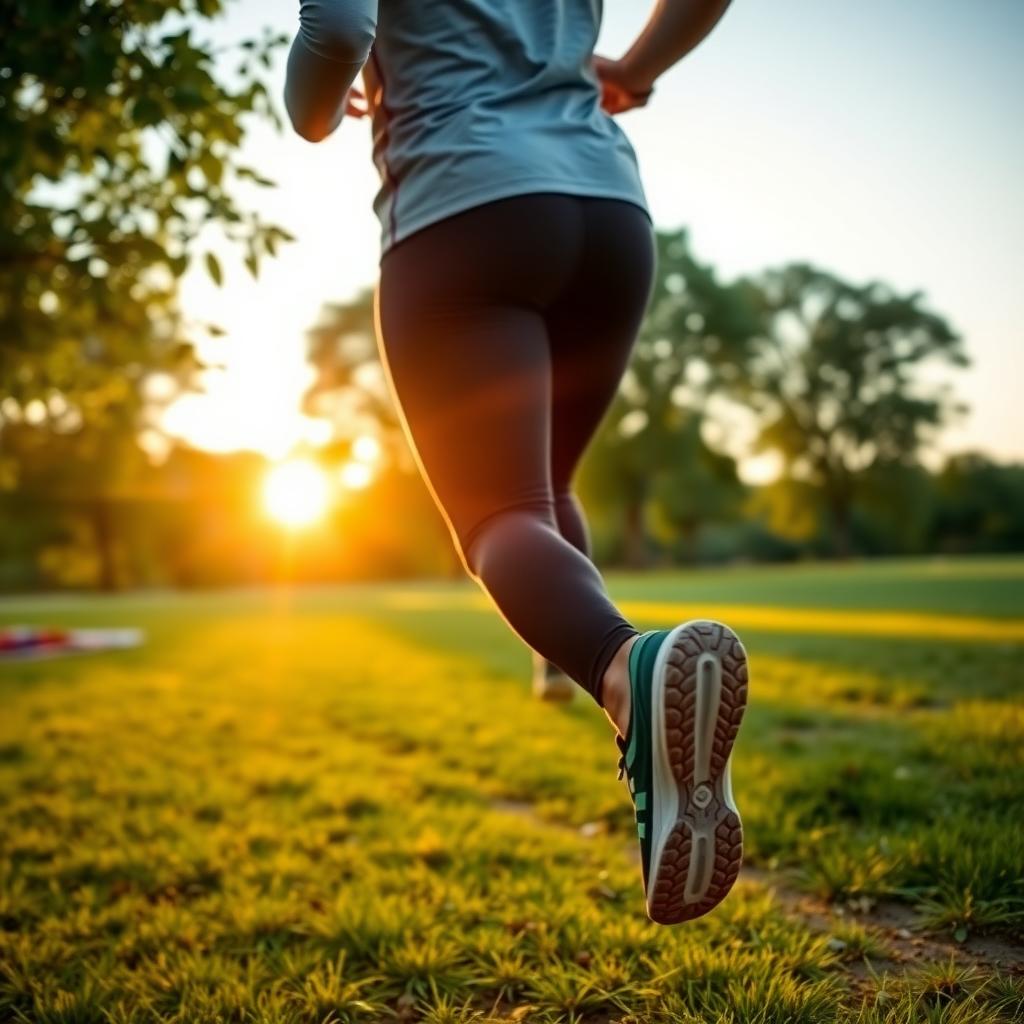 Persoană care aleargă dimineața într-un parc, purtând haine sport și adidași, cu un fundal verde și cer senin, simbolizând un stil de viață sănătos.