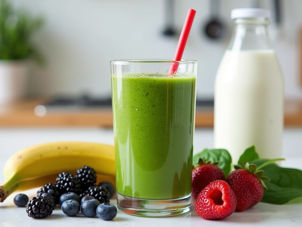 Smoothie verde sănătos cu fructe și spanac.